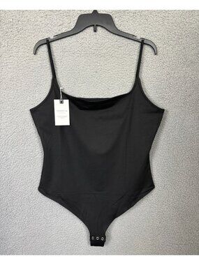 PINKMSTYLE Women's Sexy Square Neck Double Lined Thong Bodysuit Black 2XL NWT's.